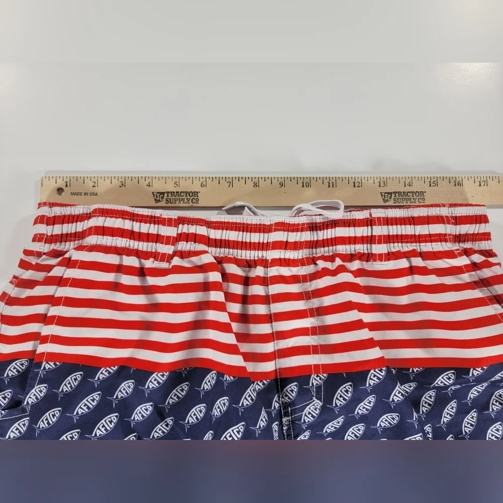 AFTCO Swim Trunks Mens Large Blue Red White USA Flag Print Bathing Suit Shorts